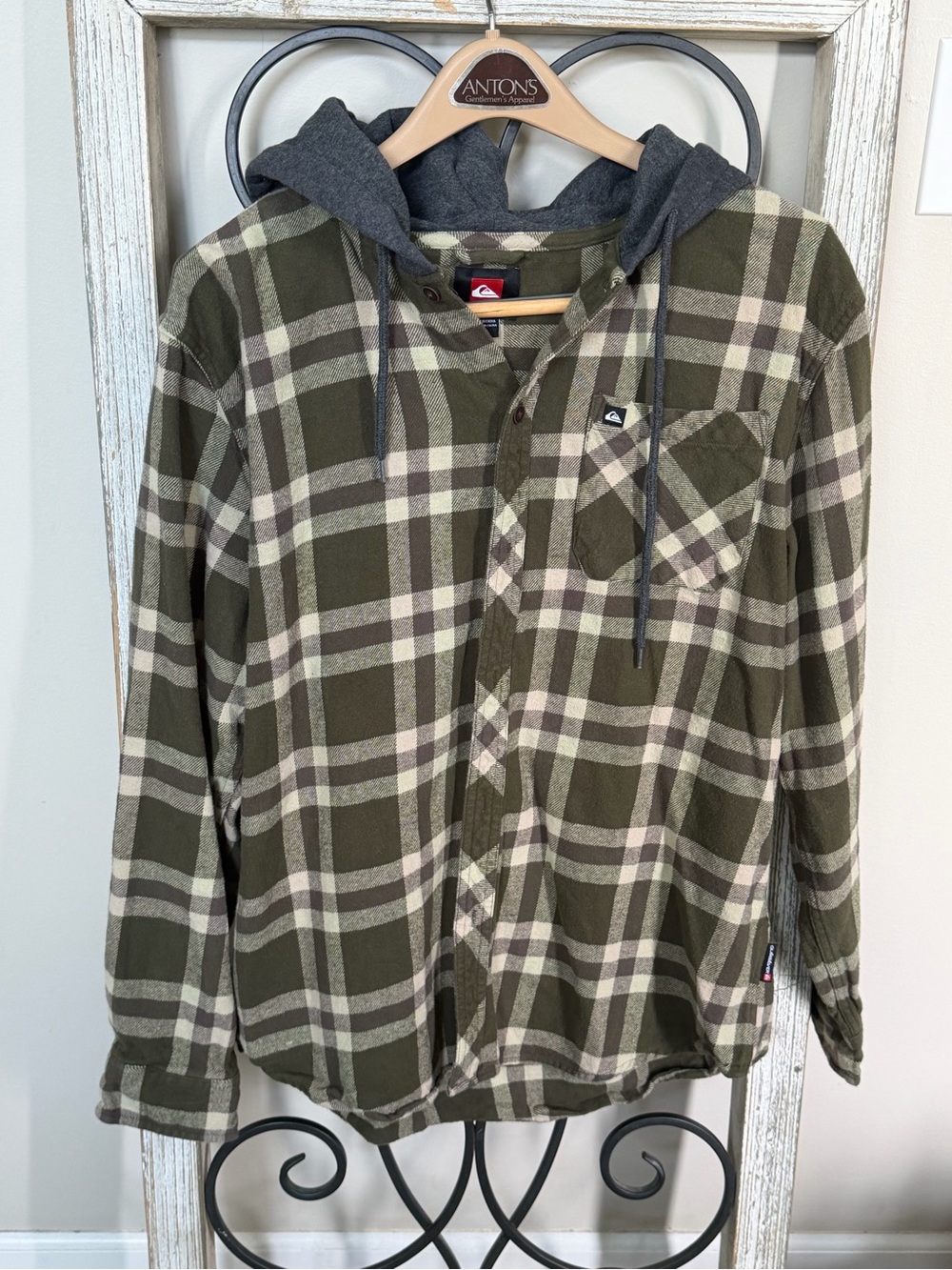 Quiksilver Heavyweight Hooded Plaid Flannel Henley Shirt Olive Green Men’s L